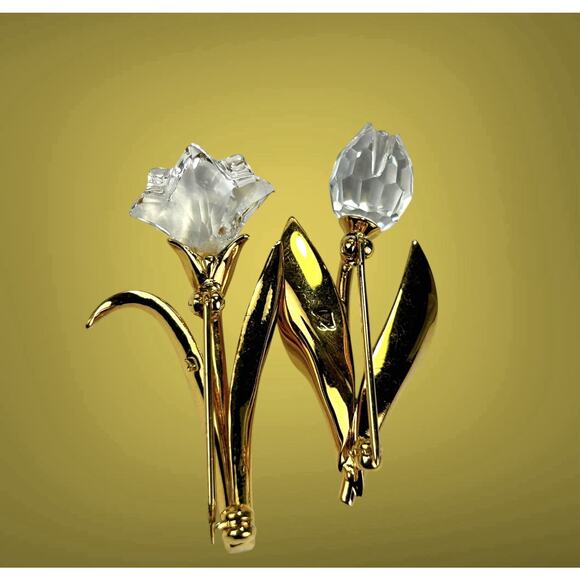 2 Swarovski Crystal Memories Flower Brooch Pins Mini Gold Tone Rose Tulip Swan - Picture 2 of 6